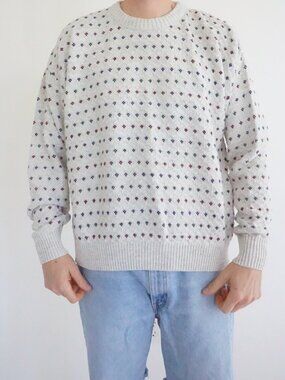 Vintage St John's Bay Cream Burgundy Navy Green Geometric Cotton Blend Sweater L